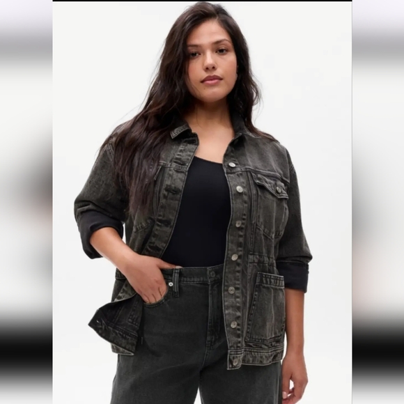 GAP Black Wash Cinched Denim Jacket - Picture 1 of 6